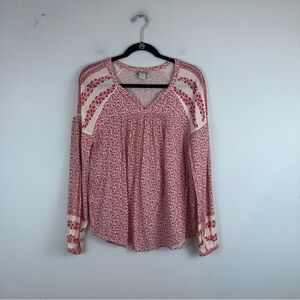 Lucky Brand | Red and Cream Floral Patterned Peasant Blouse Size Small